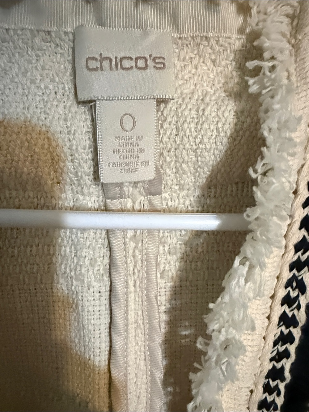Chico's Cream Open-Front Fringe Trim Cardigan with Black Stripe - Picture 2 of 3